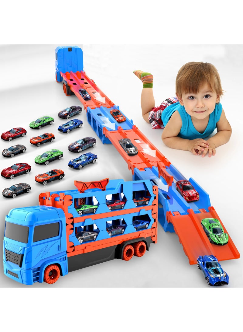 EYSOO EYSOO Race Car Track Toy Truck Toy with Slots & Foldable Race Tracks Transport Car Carrier Toy for Toddlers Cars Toy Set Container Truck Toy with 12 Alloy Cars Vehicles Toy Set for 3+ Kids Boys Girls  - Image 1