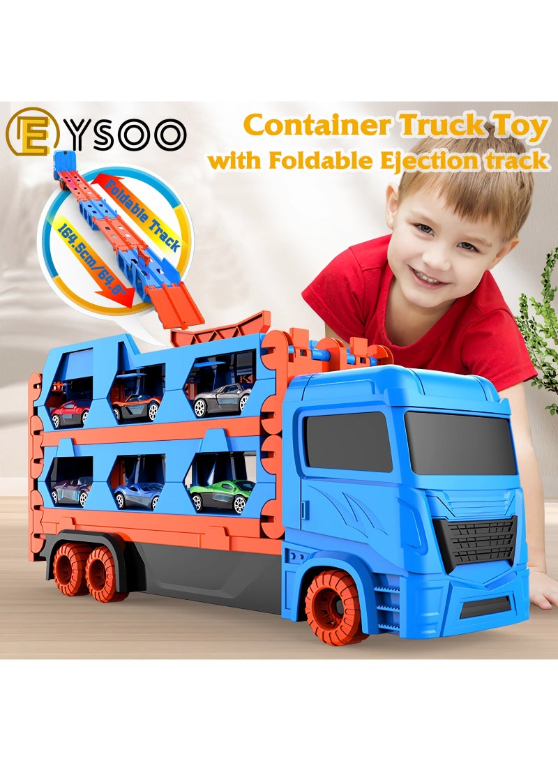 EYSOO EYSOO Race Car Track Toy Truck Toy with Slots & Foldable Race Tracks Transport Car Carrier Toy for Toddlers Cars Toy Set Container Truck Toy with 12 Alloy Cars Vehicles Toy Set for 3+ Kids Boys Girls  - Image 2