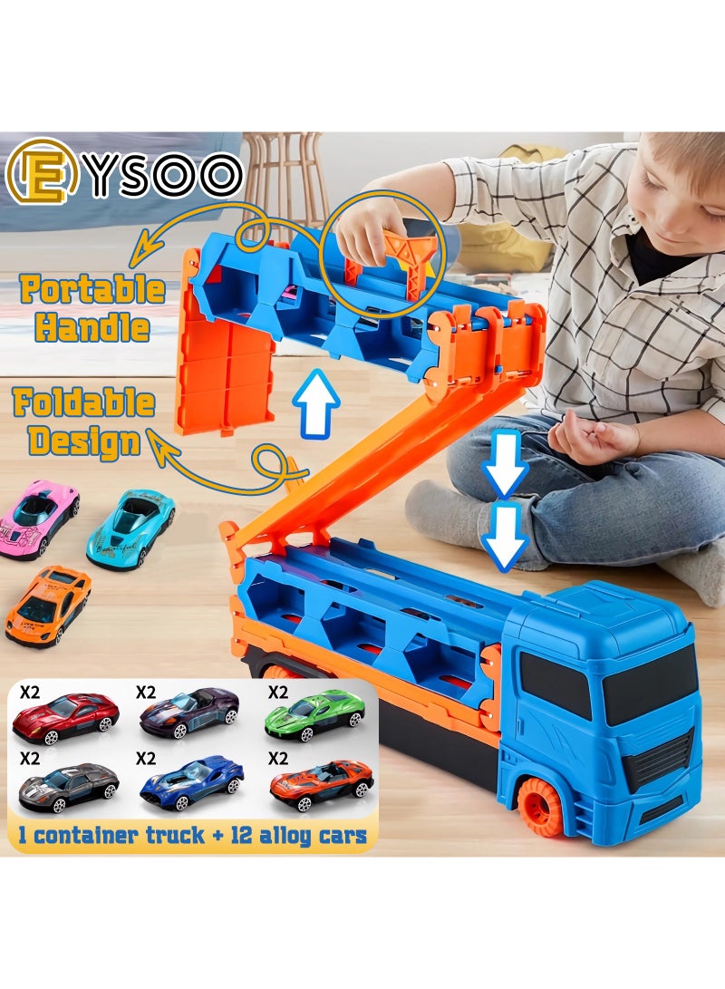 EYSOO EYSOO Race Car Track Toy Truck Toy with Slots & Foldable Race Tracks Transport Car Carrier Toy for Toddlers Cars Toy Set Container Truck Toy with 12 Alloy Cars Vehicles Toy Set for 3+ Kids Boys Girls  - Image 3