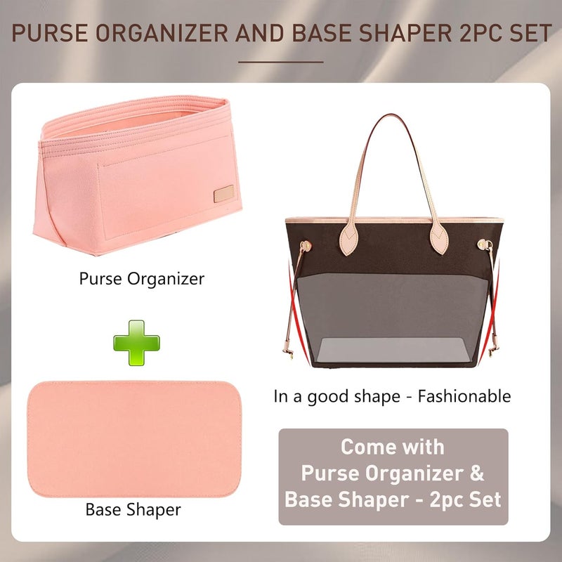 Doxo Purse Organizer Insert & Base Shaper 2pc Set, Felt Handbag & Tote Bag Fit L Speedy 30 Nererfull PM More(Pink,Medium-Combination) - Image 3