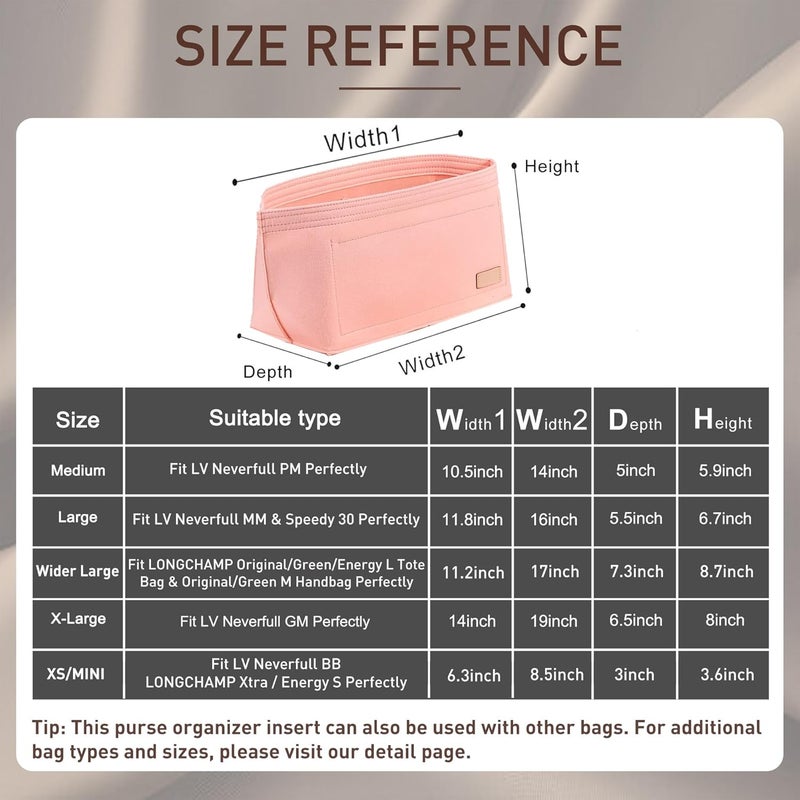 Doxo Purse Organizer Insert & Base Shaper 2pc Set, Felt Handbag & Tote Bag Fit L Speedy 30 Nererfull PM More(Pink,Medium-Combination) - Image 2