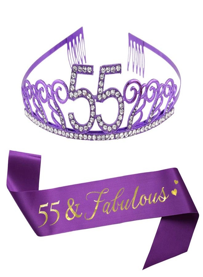 Mayin 55th Brithday Purple Tiara and Sash, Glitter Satin Sash and Crystal Rhinestone Birthday Crown for Happy 55th Birthday Party Supplies Favors Celebration 55th Surprise Party Gifts Cake Topper - Image 1