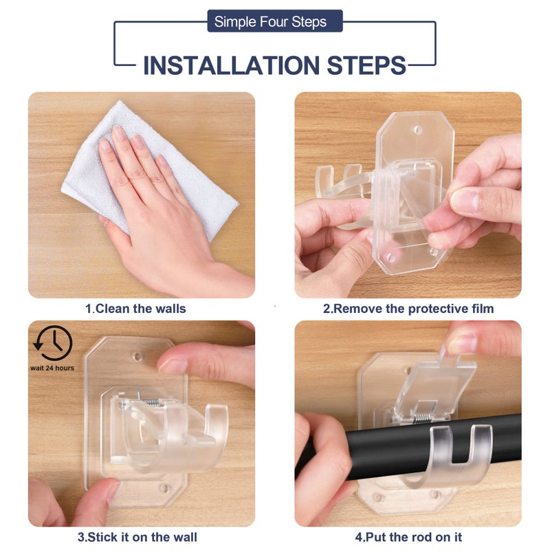 Codoule 8PCS Upgraded No Drill Curtain Rod Brackets No Drilling Curtain Rod Holders Self Adhesive Curtain Rod Hooks Nail Free Adjustable Curtain Hangers Suitable for Poles of 0.78~1.57 Inch(Transparent) - Image 5
