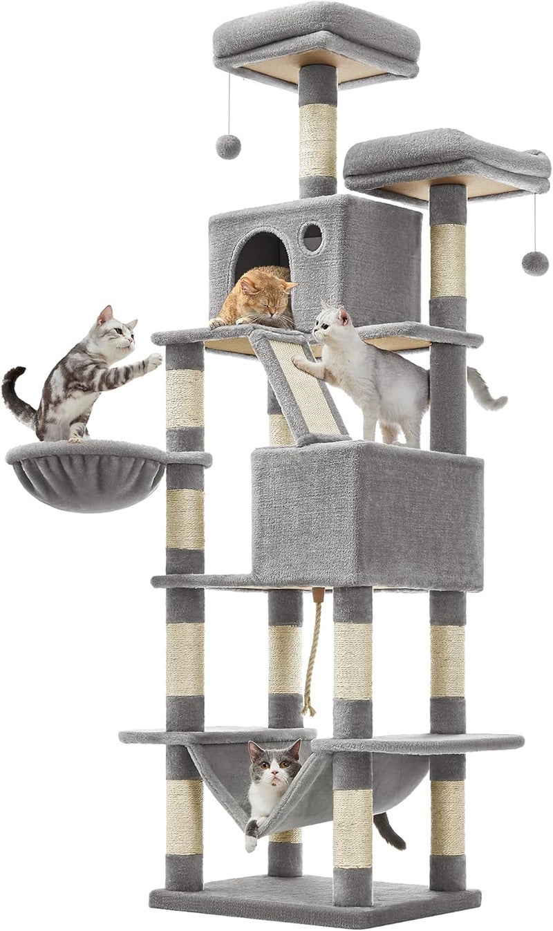 Cat Tree, 81.1-Inch Large Cat Tower with 13 Scratching Posts, 2 Perches, 2 Caves, Basket, Hammock, Pompoms, Multi-Level Plush Cat Condo for Indoor Cats, Light Gray UPCT190W01 - Image 1