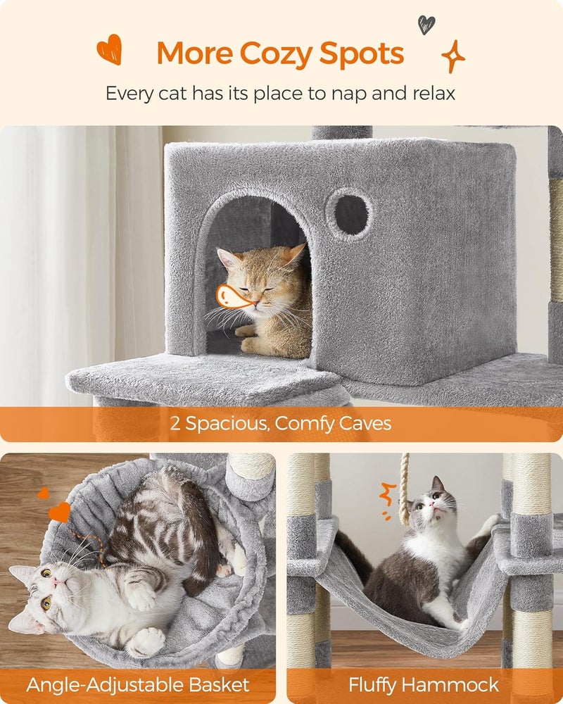 Cat Tree, 81.1-Inch Large Cat Tower with 13 Scratching Posts, 2 Perches, 2 Caves, Basket, Hammock, Pompoms, Multi-Level Plush Cat Condo for Indoor Cats, Light Gray UPCT190W01 - Image 4