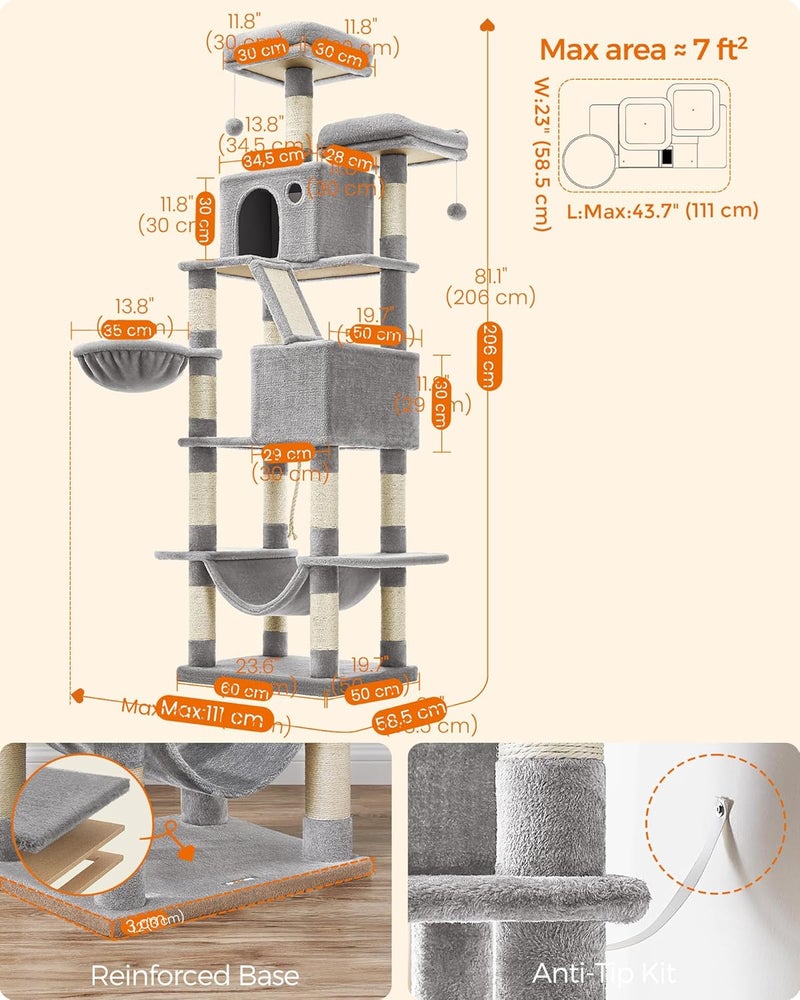Cat Tree, 81.1-Inch Large Cat Tower with 13 Scratching Posts, 2 Perches, 2 Caves, Basket, Hammock, Pompoms, Multi-Level Plush Cat Condo for Indoor Cats, Light Gray UPCT190W01 - Image 5