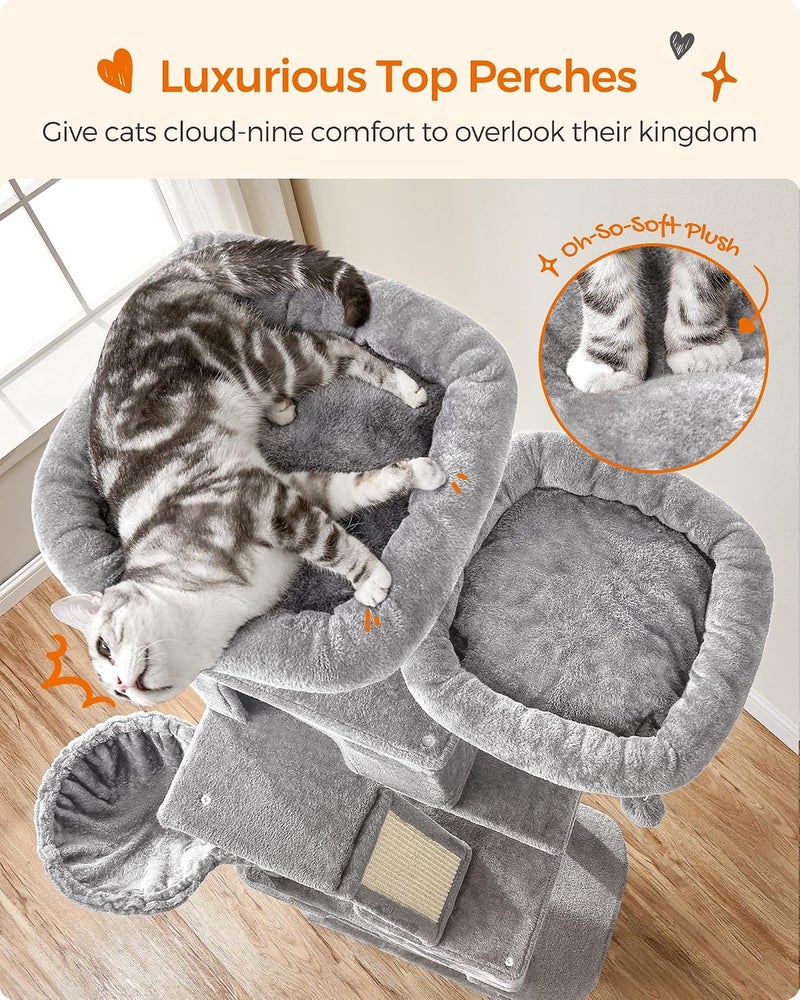 Cat Tree, 81.1-Inch Large Cat Tower with 13 Scratching Posts, 2 Perches, 2 Caves, Basket, Hammock, Pompoms, Multi-Level Plush Cat Condo for Indoor Cats, Light Gray UPCT190W01 - Image 3