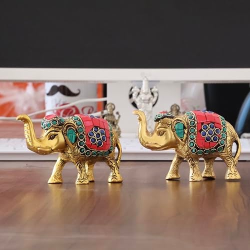 KridayKraft Metal Elephant with Stone Work Showpiece for Home/Office & Table Decor (Set of 2 Pieces, Multicolor, Small) - Image 4