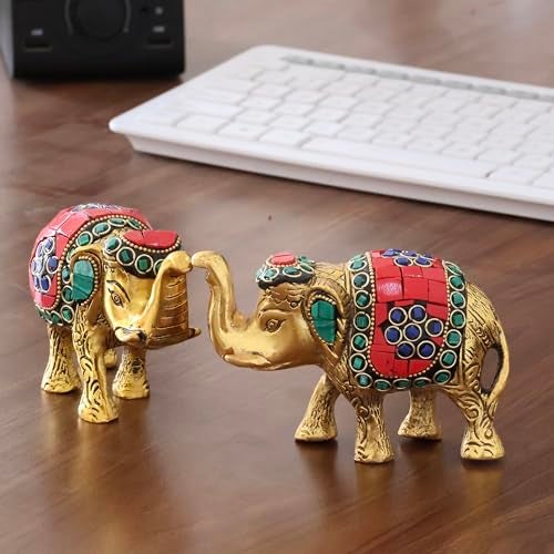 KridayKraft Metal Elephant with Stone Work Showpiece for Home/Office & Table Decor (Set of 2 Pieces, Multicolor, Small) - Image 1