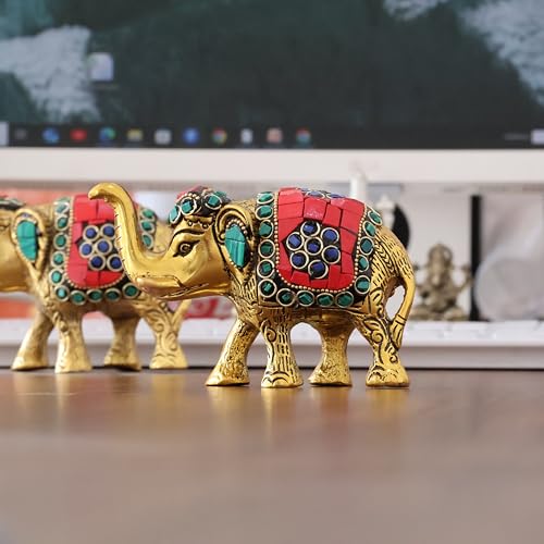 KridayKraft Metal Elephant with Stone Work Showpiece for Home/Office & Table Decor (Set of 2 Pieces, Multicolor, Small) - Image 5