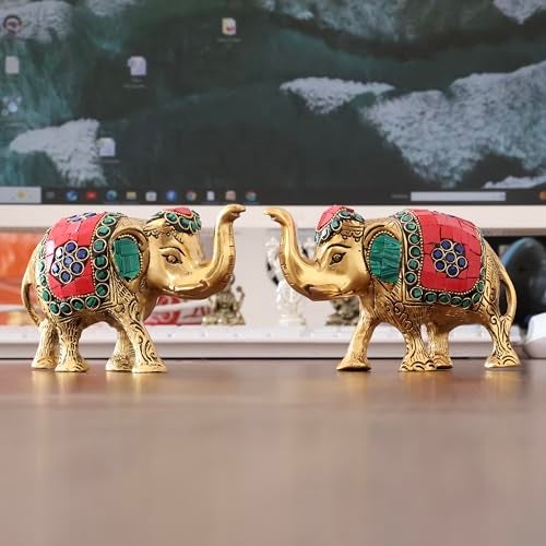 KridayKraft Metal Elephant with Stone Work Showpiece for Home/Office & Table Decor (Set of 2 Pieces, Multicolor, Small) - Image 3