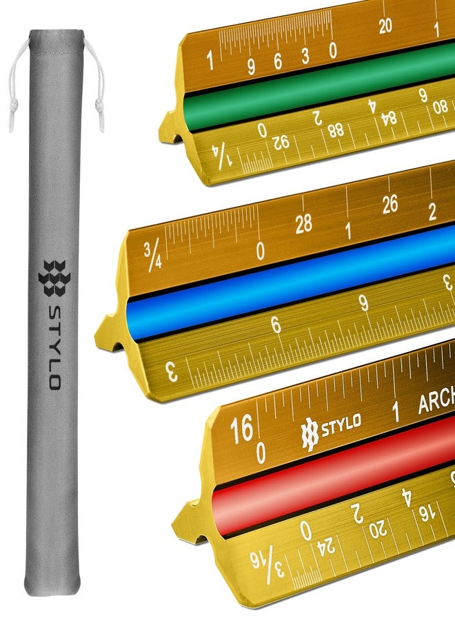 Stylo 12" Aluminum Architect Scale Ruler Laser Etched Triangle Drafting Ruler, Color Coded Grooves for Blueprint, Drafting and Drawing, Architectural Scale Ruler for Blueprints (Yellow, Imperial Units) - Image 1