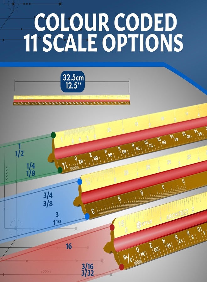 Stylo 12" Aluminum Architect Scale Ruler Laser Etched Triangle Drafting Ruler, Color Coded Grooves for Blueprint, Drafting and Drawing, Architectural Scale Ruler for Blueprints (Yellow, Imperial Units) - Image 2
