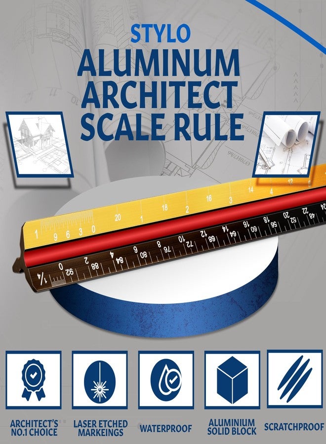 Stylo 12" Aluminum Architect Scale Ruler Laser Etched Triangle Drafting Ruler, Color Coded Grooves for Blueprint, Drafting and Drawing, Architectural Scale Ruler for Blueprints (Yellow, Imperial Units) - Image 3