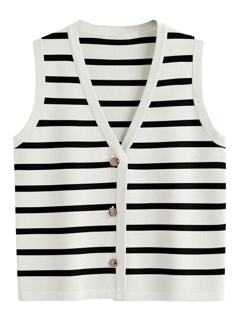 LILLUSORY Vest Tops for Women 2026 Spring Striped Sweaters Button Up Summer Business Casual Outfits Womens Blouses Jackets Fashion Clothes Sleeveless V Neck Tops White Black M - Image 1
