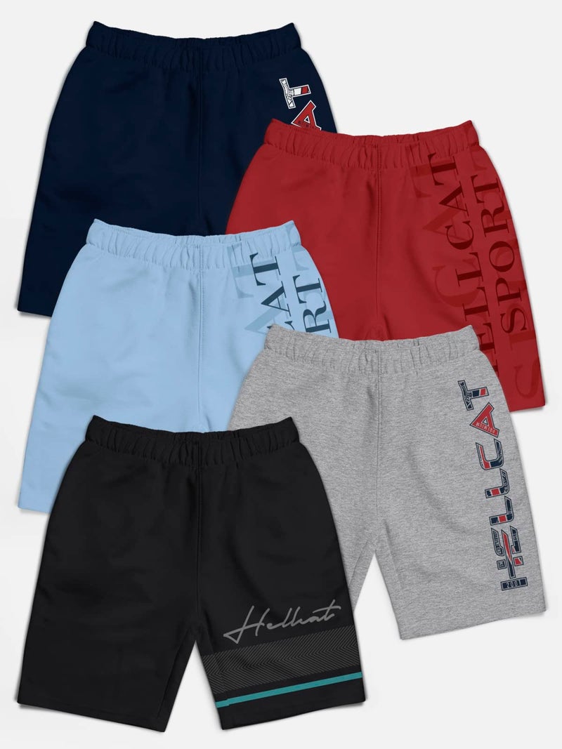 HELLCAT Pack of 5 Trendy Typographic Printed Mid Rise Shorts for Boys - Black/Grey Melange/Sky Blue/Maroon/Navy Blue / 5-6 Years - Image 2