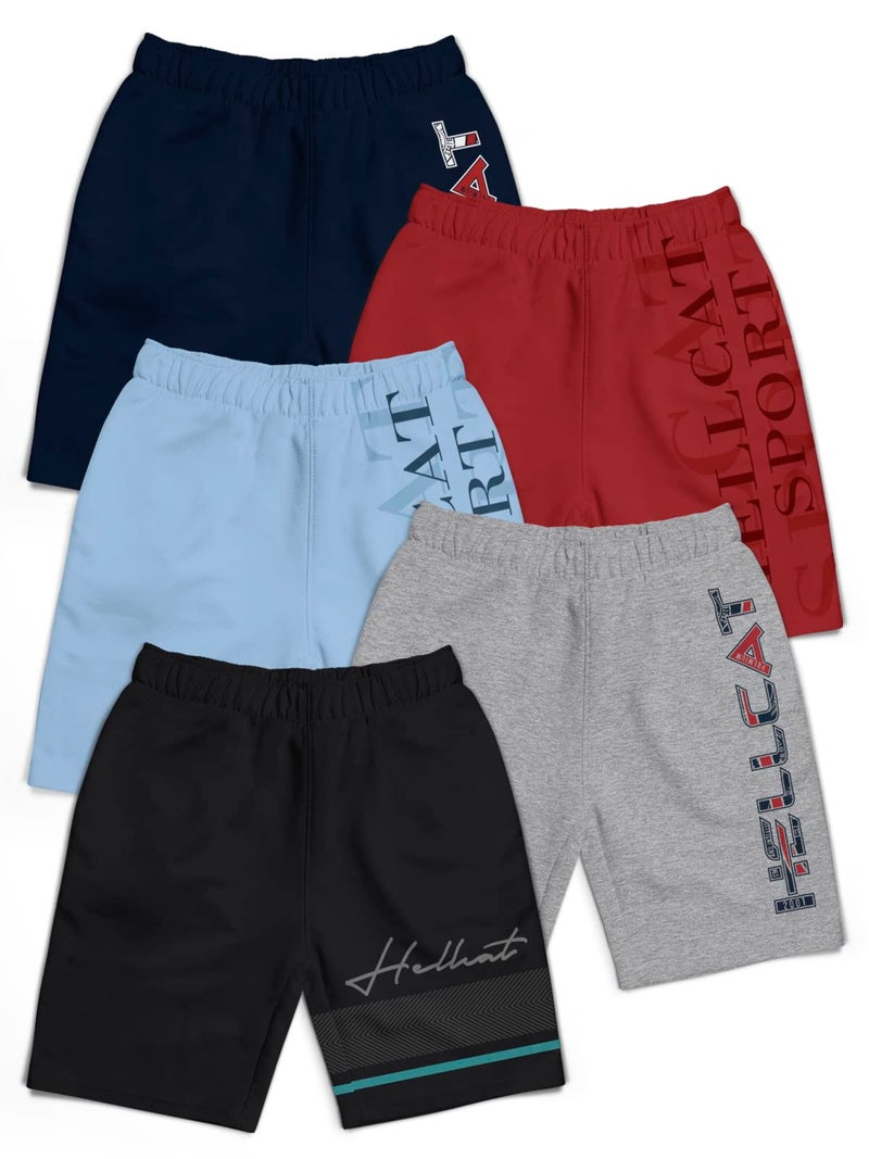 HELLCAT Pack of 5 Trendy Typographic Printed Mid Rise Shorts for Boys - Black/Grey Melange/Sky Blue/Maroon/Navy Blue / 5-6 Years - Image 1