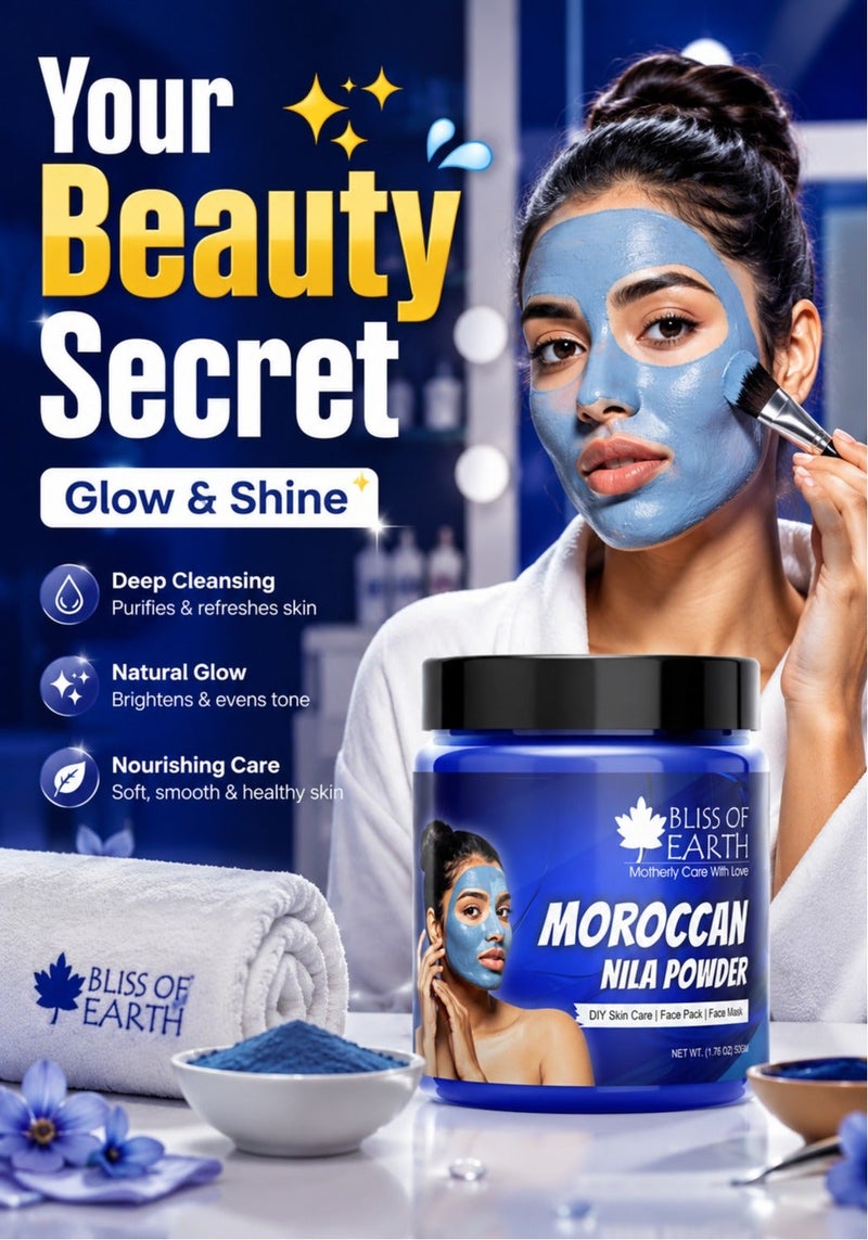 Bliss of Earth Moroccan Nila Powder 50g, Natural Blue Clay Face Pack, Skin Brightening, Tan Removal & Glow, DIY Face Mask for Radiant Skin - Image 2