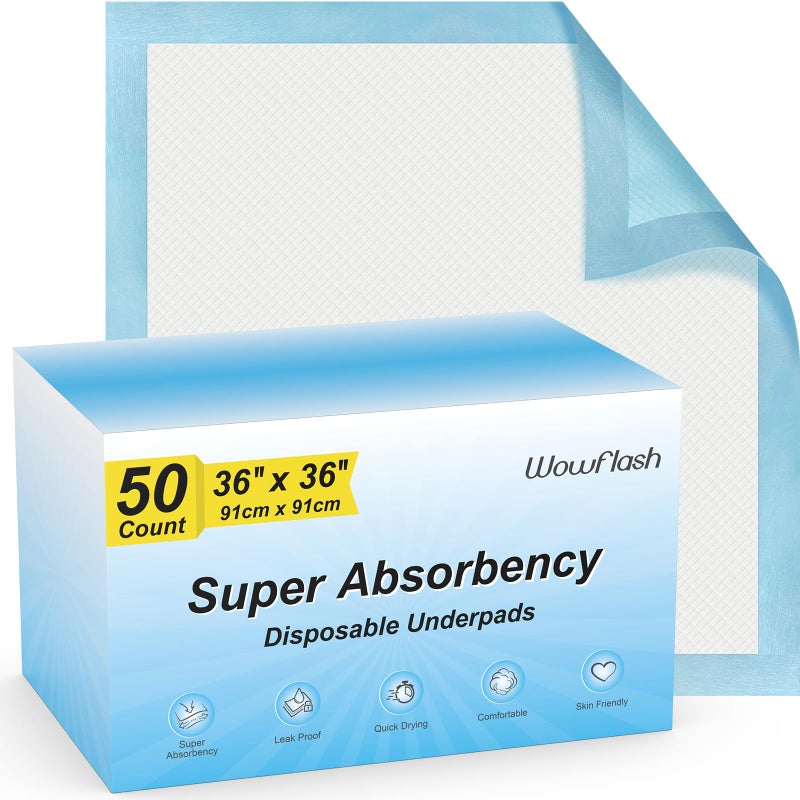 Wowflash 50 Count 36 x 36 Super Absorbency Disposable Underpads Leakproof Quick Drying Pads for Baby Puppy Adults Bed Pads Incontinence Dog Pee