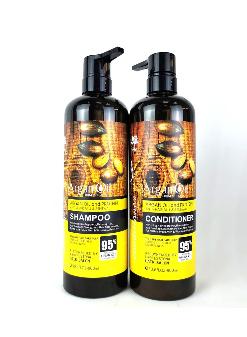 مجموعة العناية بالشعر بزيت الأرغان المغربي، 4 قطع | شامبو مضاد لتساقط الشعر ومجدد للشعر 900 مل + بلسم 900 مل + ماسك كريمي للشعر 1000 مل + زيت للشعر 100 مل | تركيبة خالية من الكبريتات، تُصلح الشعر بعمق وتُكثّفه، مناسبة للشعر الخفيف/الرقيق، والمجعد، والمتطاير، والتالف - Image 3