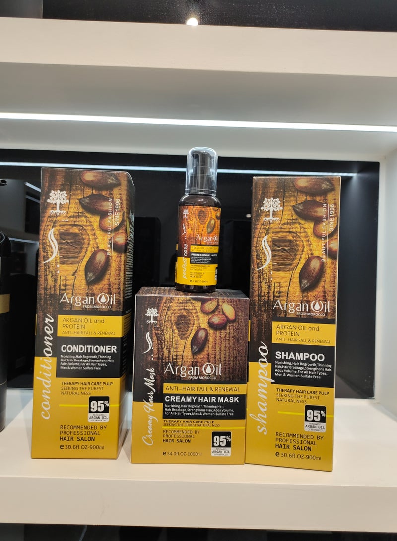 مجموعة العناية بالشعر بزيت الأرغان المغربي، 4 قطع | شامبو مضاد لتساقط الشعر ومجدد للشعر 900 مل + بلسم 900 مل + ماسك كريمي للشعر 1000 مل + زيت للشعر 100 مل | تركيبة خالية من الكبريتات، تُصلح الشعر بعمق وتُكثّفه، مناسبة للشعر الخفيف/الرقيق، والمجعد، والمتطاير، والتالف - Image 4