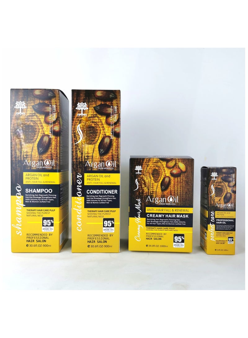 مجموعة العناية بالشعر بزيت الأرغان المغربي، 4 قطع | شامبو مضاد لتساقط الشعر ومجدد للشعر 900 مل + بلسم 900 مل + ماسك كريمي للشعر 1000 مل + زيت للشعر 100 مل | تركيبة خالية من الكبريتات، تُصلح الشعر بعمق وتُكثّفه، مناسبة للشعر الخفيف/الرقيق، والمجعد، والمتطاير، والتالف - Image 2