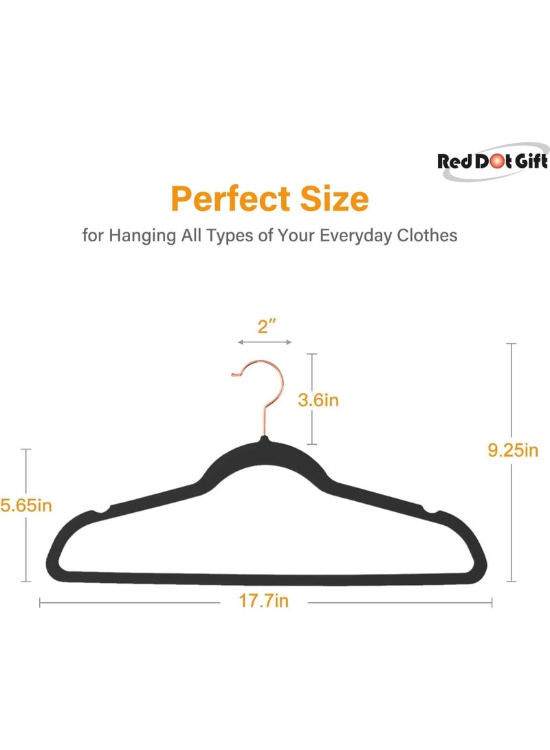 Red Dot Gift مجموعة هدايا Red Dot® 10 قطع شماعات مخملية سوداء 45 سم غير قابلة للانزلاق، شماعات موفرة للمساحة مع خطاف وردي ذهبي دوار 360°، شماعات متينة ونحيفة للمعاطف والسراويل والقمصان. - Image 2
