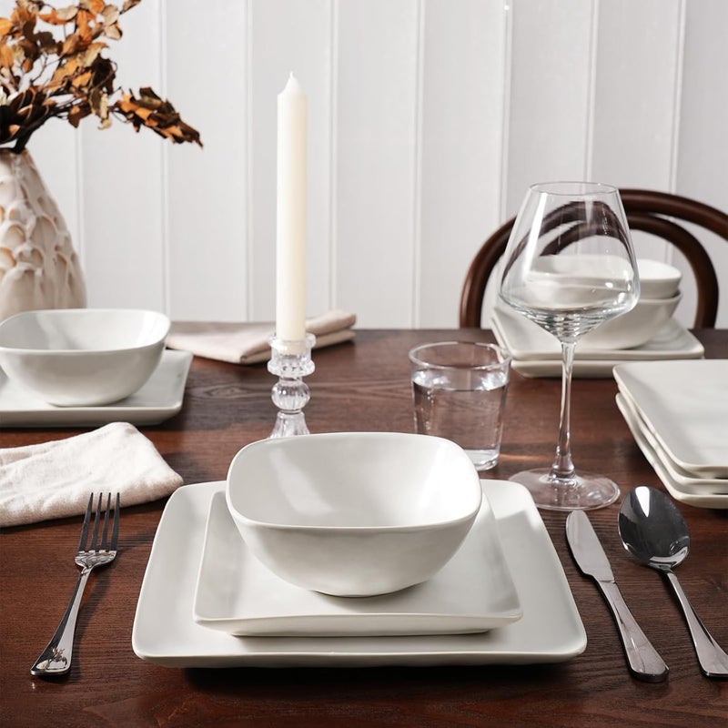 Famiware Dinnerware Sets for 4 Ocean Square 12Piece Kitchen Plates and Bowls Sets Microwave and Dishwasher Safe Scratch Resistant Matte White - Image 2