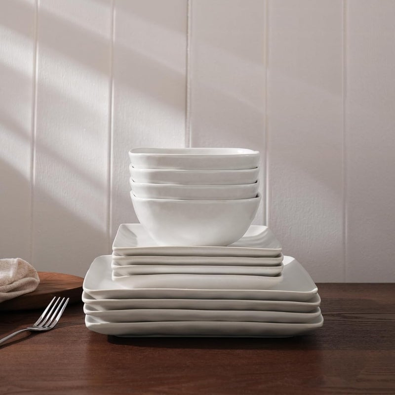 Famiware Dinnerware Sets for 4 Ocean Square 12Piece Kitchen Plates and Bowls Sets Microwave and Dishwasher Safe Scratch Resistant Matte White - Image 3