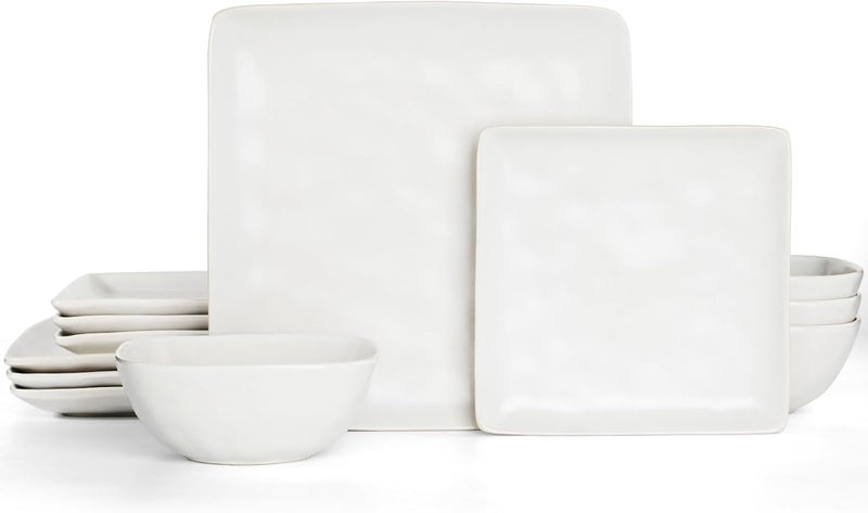 Famiware Dinnerware Sets for 4 Ocean Square 12Piece Kitchen Plates and Bowls Sets Microwave and Dishwasher Safe Scratch Resistant Matte White - Image 1