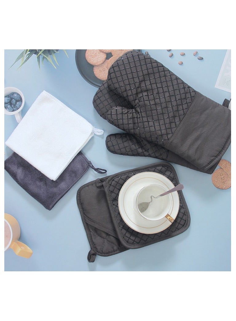 Oven Mitts and Pot Holders Sets, 550°F High Heat Resistant Oven Mitts with Kitchen Towels Thick Cotton Oven Gloves with Non-Slip Silicone for Cooking and Baking (6Pcs, Dark Gray Small Grid) - Image 1