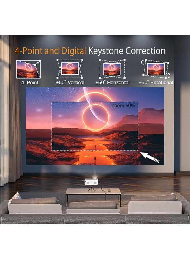 بروجكتور محمول بدقة فل اتش دي 1080P مع تركيز كهربائي وتصحيح الانحراف واتصال واي فاي وبلوتوث وحامل قابل للتعديل للترفيه المنزلي والاستخدام الخارجي - Image 4
