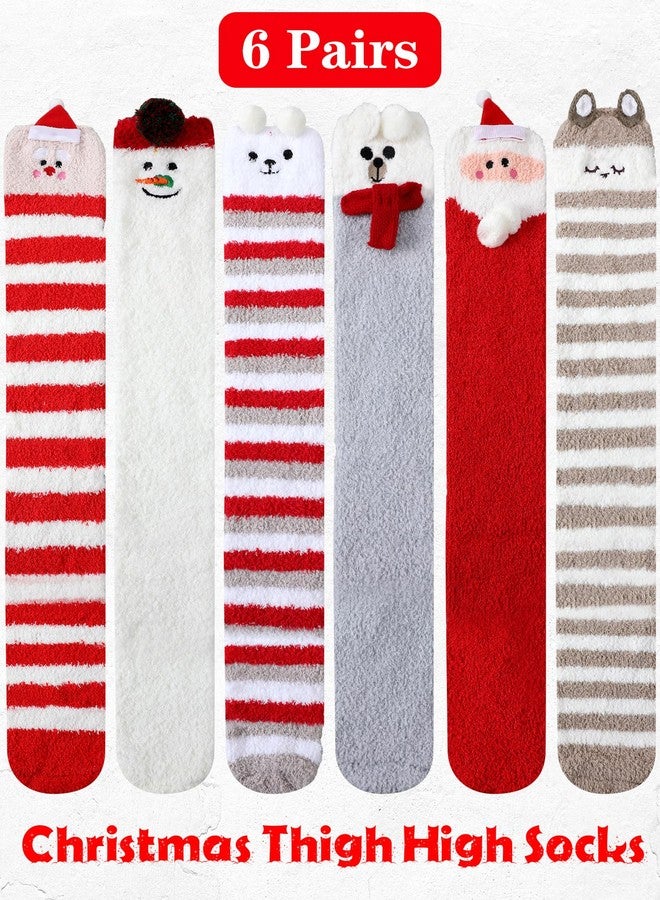Suhine 6 Pairs Christmas Striped Thigh High Fuzzy Socks Women Cute Cartoon Striped Socks over Knee Fluffy Stockings Winter Leg Warmers for Women and Girls - Image 3