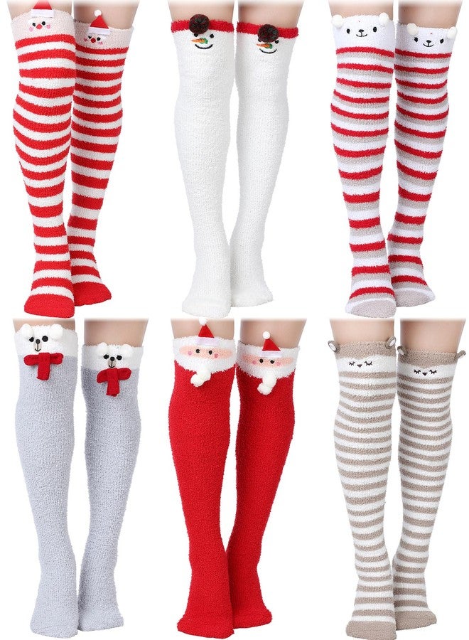 Suhine 6 Pairs Christmas Striped Thigh High Fuzzy Socks Women Cute Cartoon Striped Socks over Knee Fluffy Stockings Winter Leg Warmers for Women and Girls - Image 1