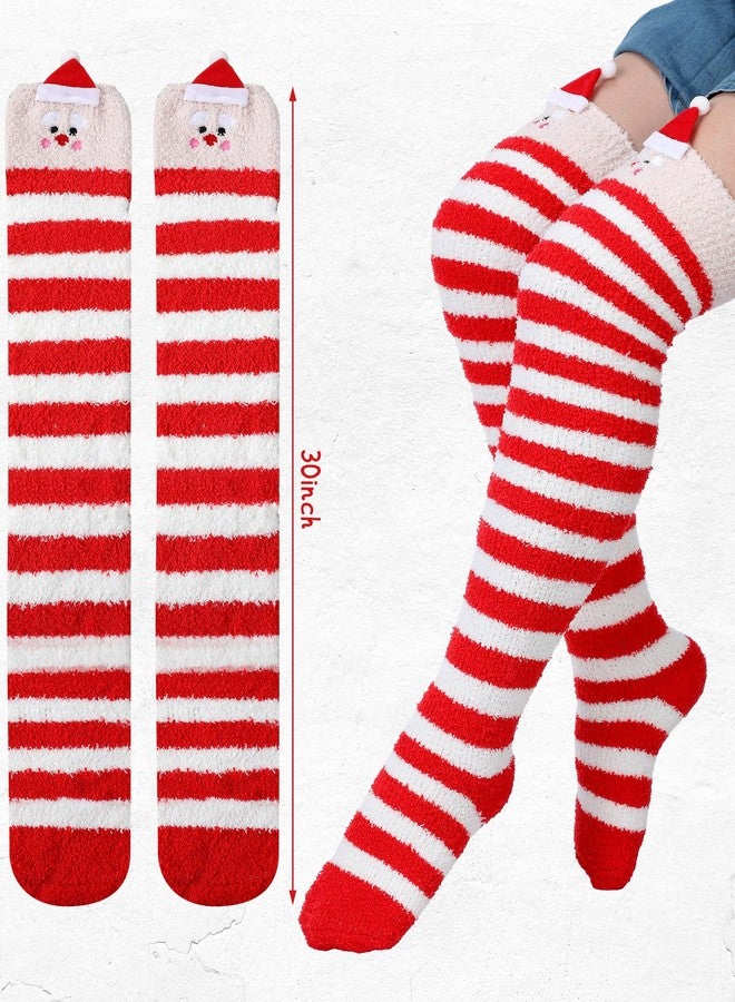 Suhine 6 Pairs Christmas Striped Thigh High Fuzzy Socks Women Cute Cartoon Striped Socks over Knee Fluffy Stockings Winter Leg Warmers for Women and Girls - Image 4