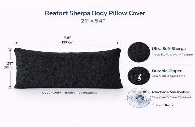 Reafort Ultra Soft Sherpa Body Pillow Cover/Case with Zipper Closure 21"x54" (21"x54" Body Pillow Cover, Black) - Image 2