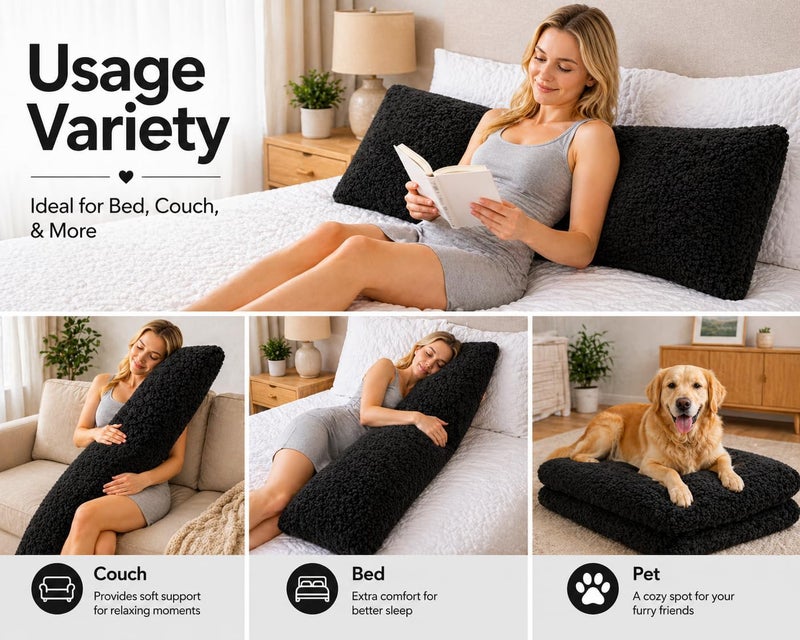 Reafort Ultra Soft Sherpa Body Pillow Cover/Case with Zipper Closure 21"x54" (21"x54" Body Pillow Cover, Black) - Image 5