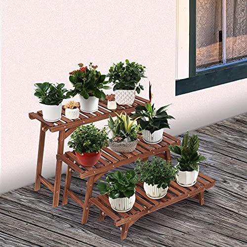 U-Fine Ufine Freestanding 3 Tier Ladder Shelf Wood Plant Stand Indoor Outdoor Plant Display Rack Flower Pot Holder Planter Organizer - Image 3