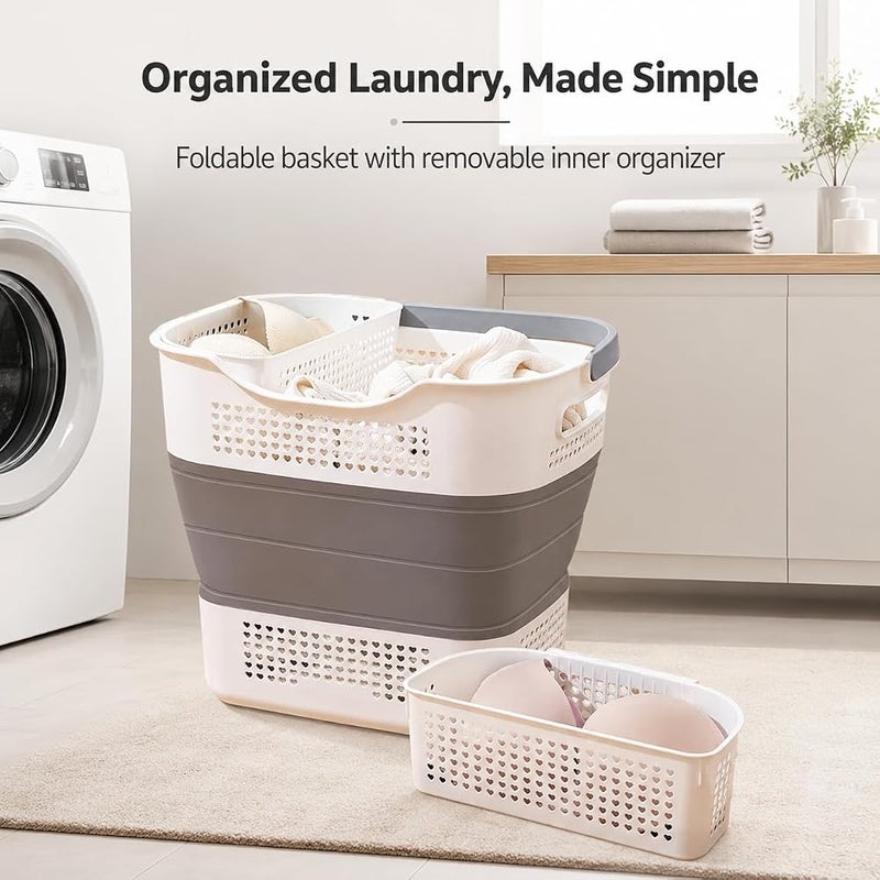 XVersion 40L Foldable Laundry Basket with Handles, Collapsible Plastic Laundry Bin for Clothes, Towels and Home Storage, Multi-Purpose Organizer Basket, Grey - Image 1