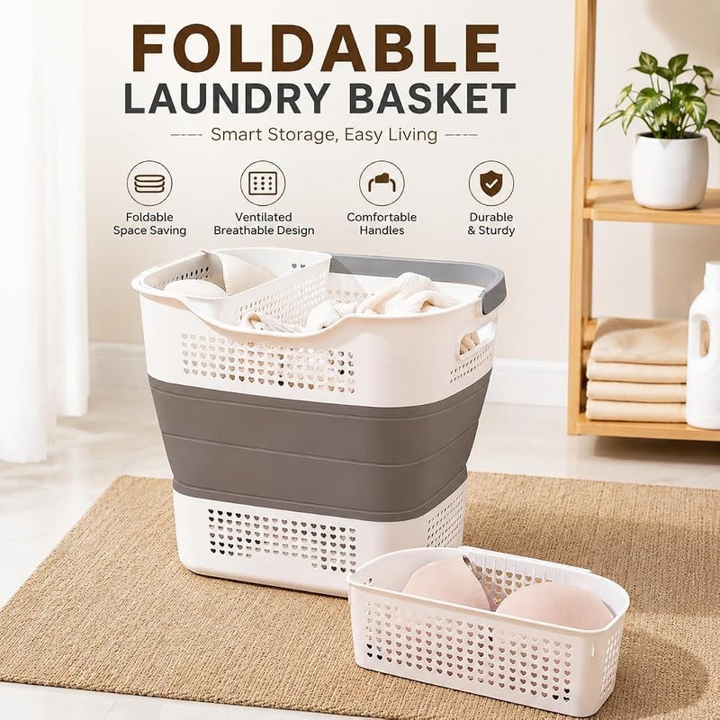 XVersion 40L Foldable Laundry Basket with Handles, Collapsible Plastic Laundry Bin for Clothes, Towels and Home Storage, Multi-Purpose Organizer Basket, Grey - Image 2