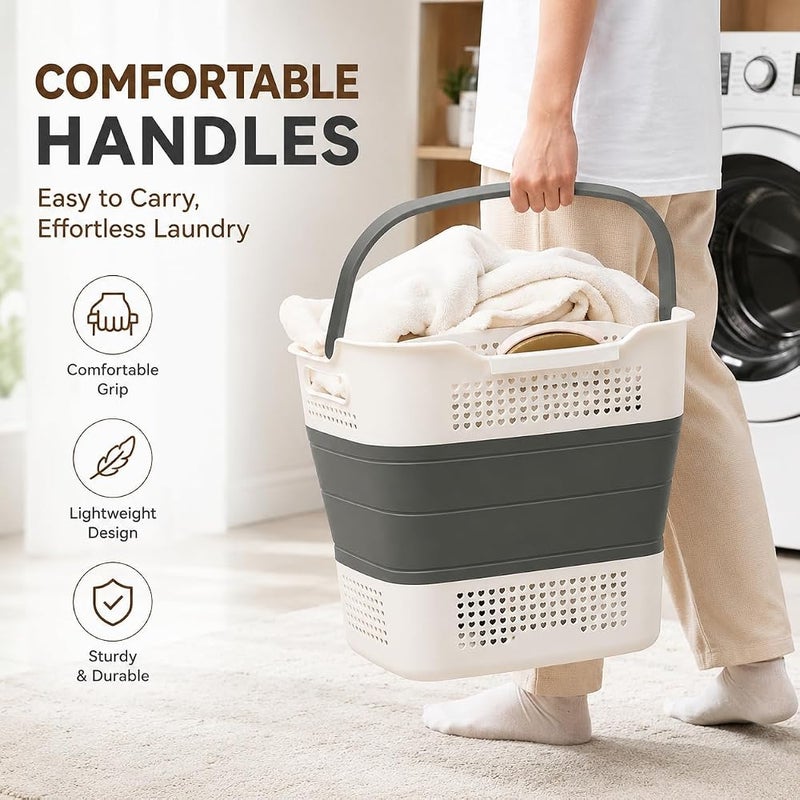 XVersion 40L Foldable Laundry Basket with Handles, Collapsible Plastic Laundry Bin for Clothes, Towels and Home Storage, Multi-Purpose Organizer Basket, Grey - Image 3