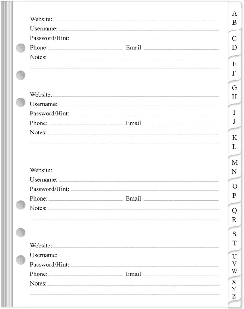 Yaridar Password Book Refills for A5 Binder - A-Z Password Notebook Refill Paper with Alphabetical Tabs, 120gsm White Paper, 6-Hole Punehed, 5.8" x 8.3" - Image 1