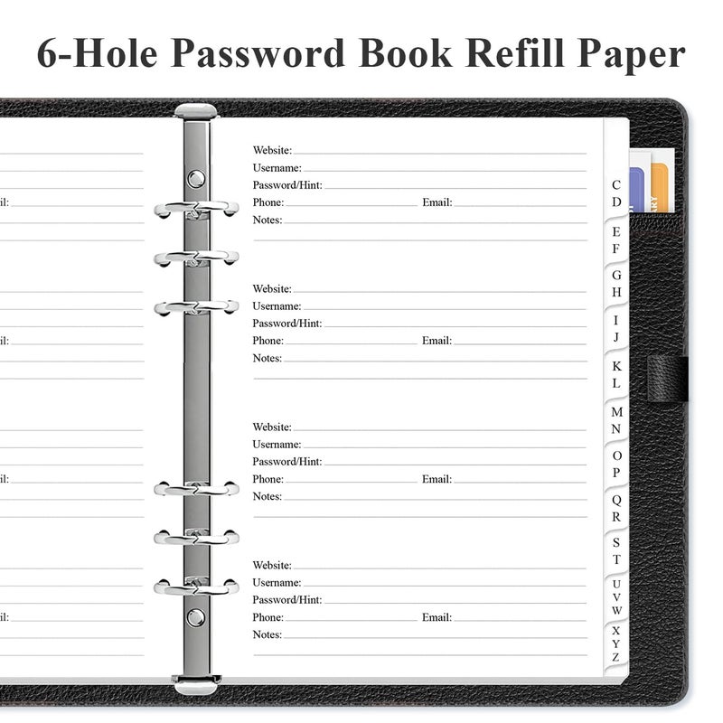 Yaridar Password Book Refills for A5 Binder - A-Z Password Notebook Refill Paper with Alphabetical Tabs, 120gsm White Paper, 6-Hole Punehed, 5.8" x 8.3" - Image 2