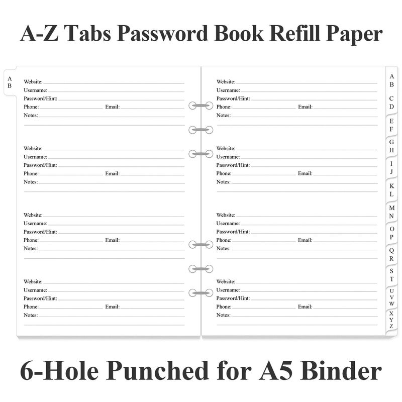 Yaridar Password Book Refills for A5 Binder - A-Z Password Notebook Refill Paper with Alphabetical Tabs, 120gsm White Paper, 6-Hole Punehed, 5.8" x 8.3" - Image 3