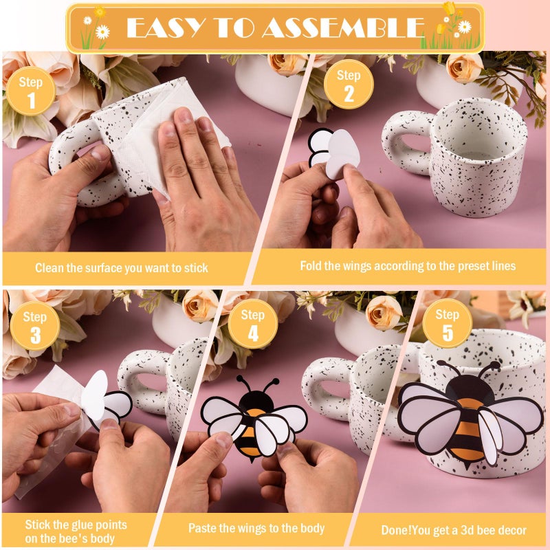 FOBSME 60 Pcs 3D Bee Stickers 3 Sizes Tiny Ornaments for Honey Bee Party Wall Decal Decorations Yellow Honey Bees Clings for Home Classroom Office Fridge Window Decor Spring Summer Party Supplies - Image 4