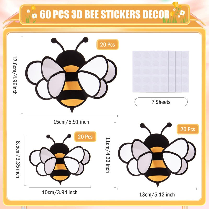 FOBSME 60 Pcs 3D Bee Stickers 3 Sizes Tiny Ornaments for Honey Bee Party Wall Decal Decorations Yellow Honey Bees Clings for Home Classroom Office Fridge Window Decor Spring Summer Party Supplies - Image 2