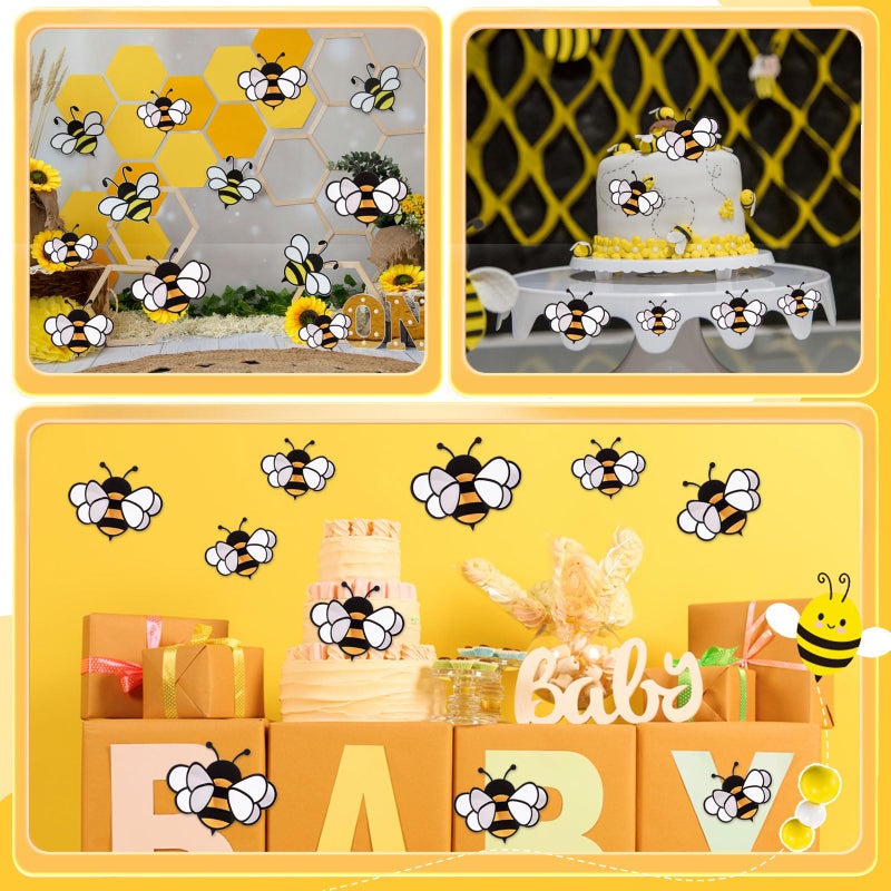 FOBSME 60 Pcs 3D Bee Stickers 3 Sizes Tiny Ornaments for Honey Bee Party Wall Decal Decorations Yellow Honey Bees Clings for Home Classroom Office Fridge Window Decor Spring Summer Party Supplies - Image 5