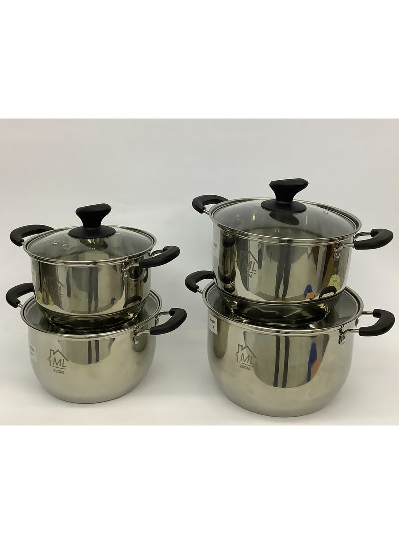 Stainless Steel Cooking Pot with Glass Cover/Lid - 4 Pieces (20/22/24/26 cm)  - Image 1