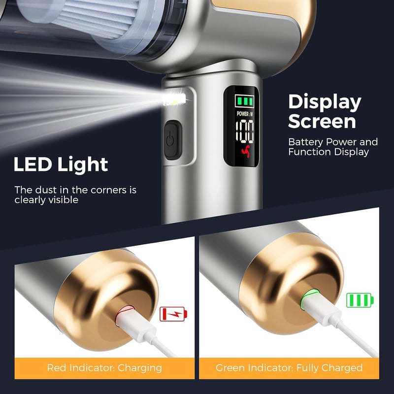 Priksia مكنسة سيارات بركسيا اللاسلكية 25000Pa - 4 في 1 محمولة مع شاشة LED وضوء، حقيبة تخزين (ذهبي) - Image 4