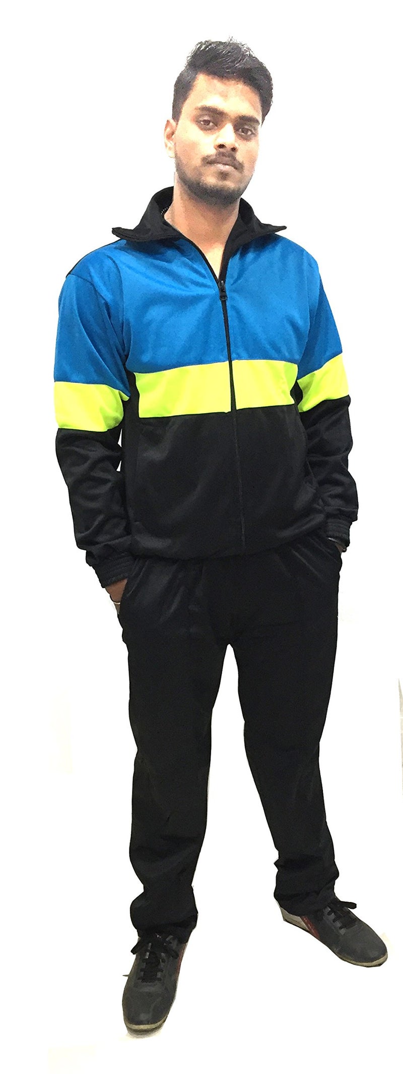 Protoner Men’s Stylish Track Suit – Blue & Black with Neon Stripe | Full Sleeve Zipper Jacket & Track Pant Set | Comfortable Sportswear for Gym, Jogging & Casual Wear XXXL - Image 1
